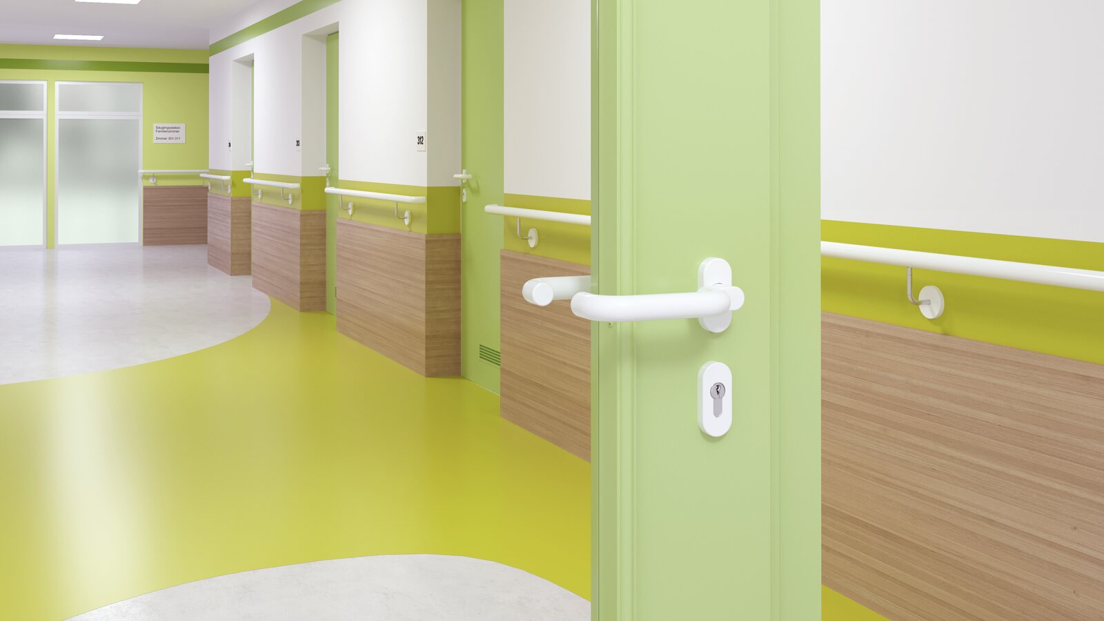 HEWI Signal white door handle Glazed hospital door with green frame equipped with a door handle in the colour signal white made of polyamide