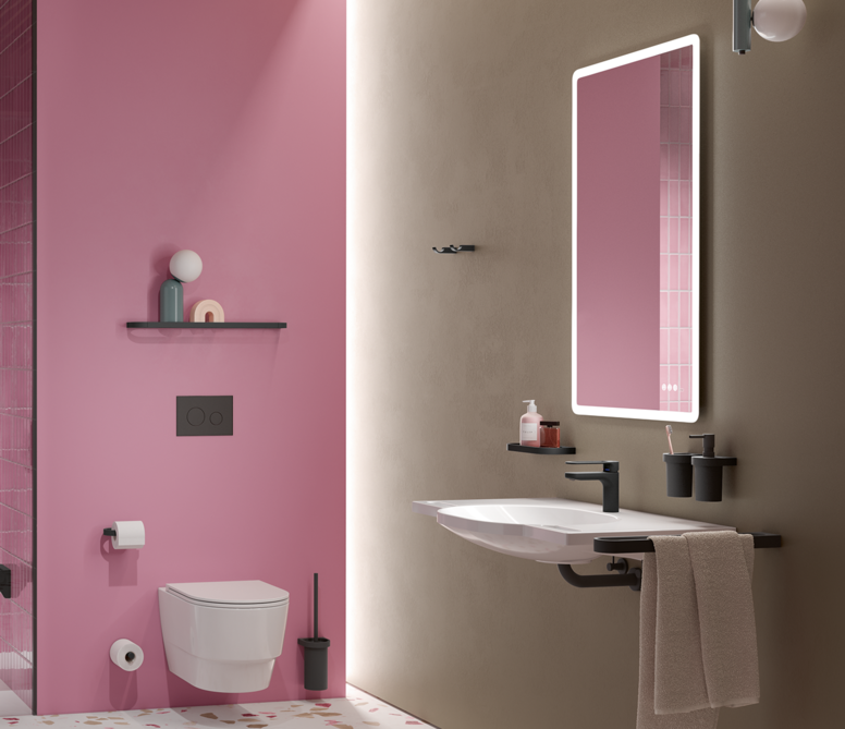 HEWI Systeem 800 zwart mat Badkamer met wastafel, douche en toilet
