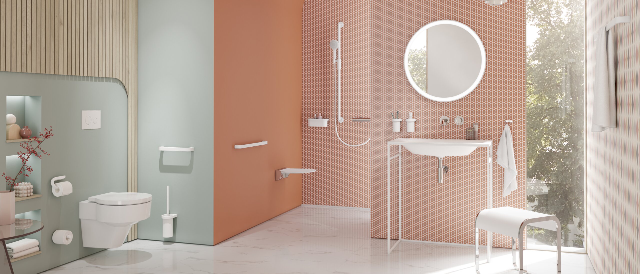 Salle de bain moderne avec lavabo, espace douche et WC