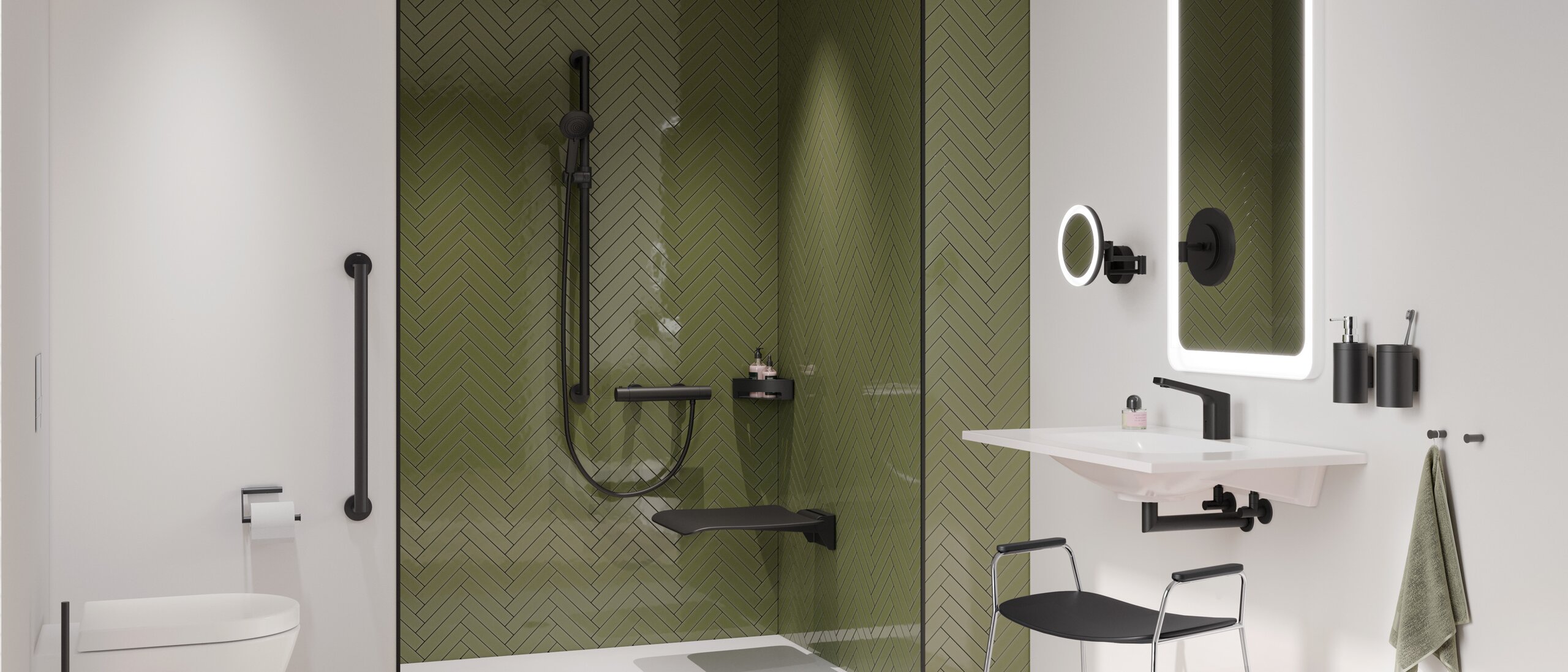 Salle de bain avec lavabo, espace douche et WC