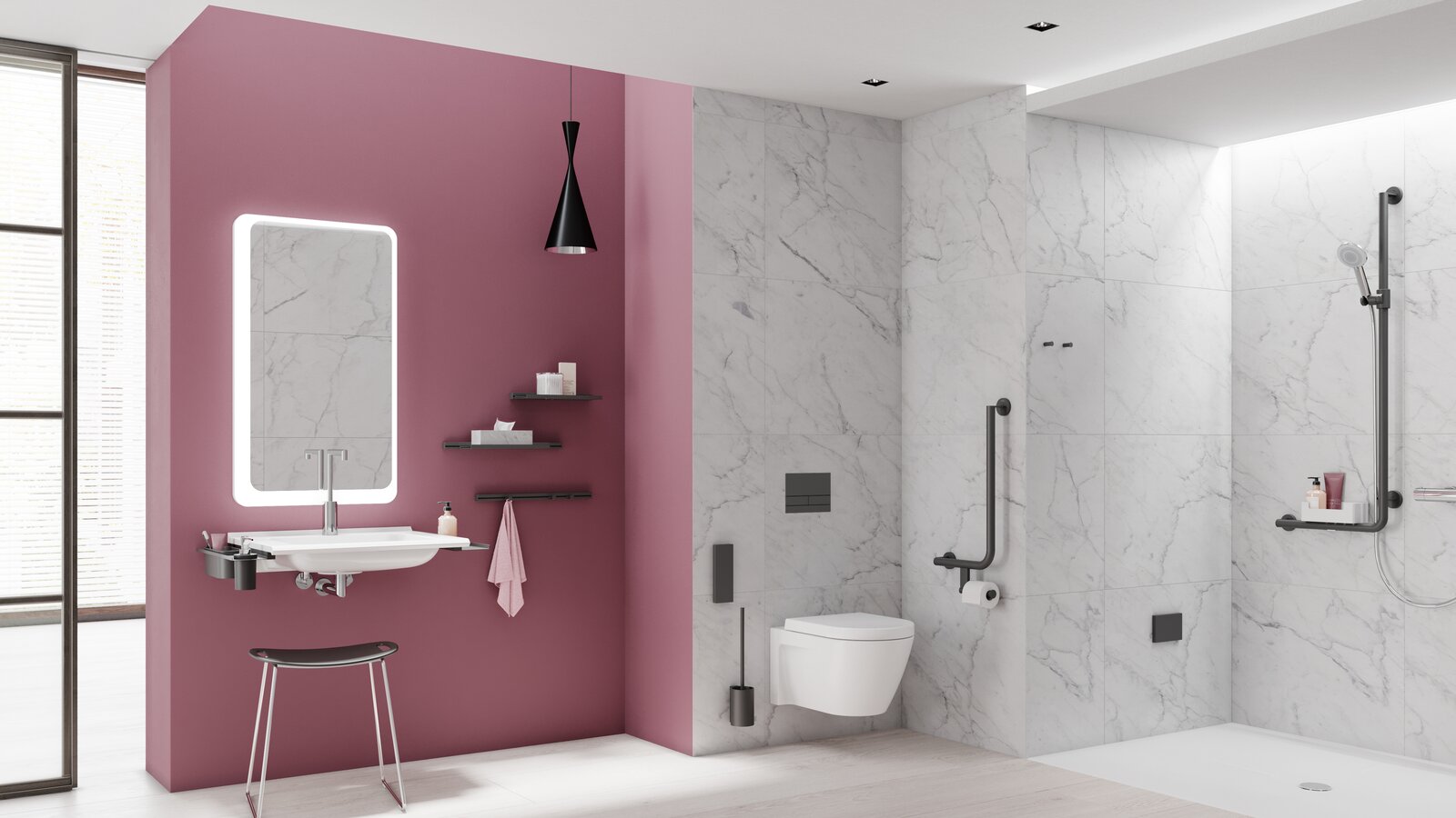 HEWI barrièrevrij badkamersysteem 900 Zwart mat Barrièrevrije badkamer met wastafel, douche en toilet met accessoires in mat zwart
