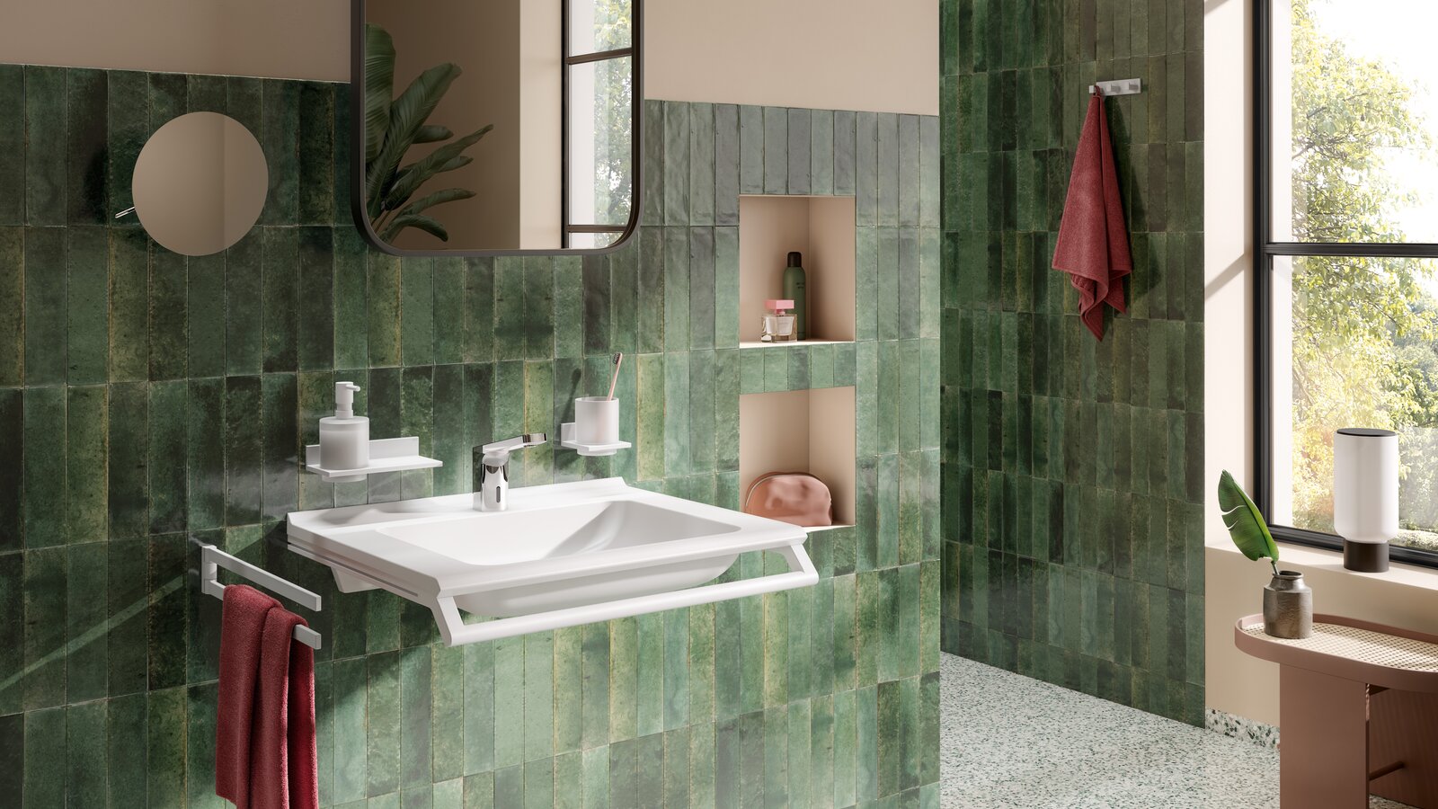 HEWI Système 900Q Plan de toilette équipé d'un porte-serviettes et d'un distributeur de savon en blanc mat