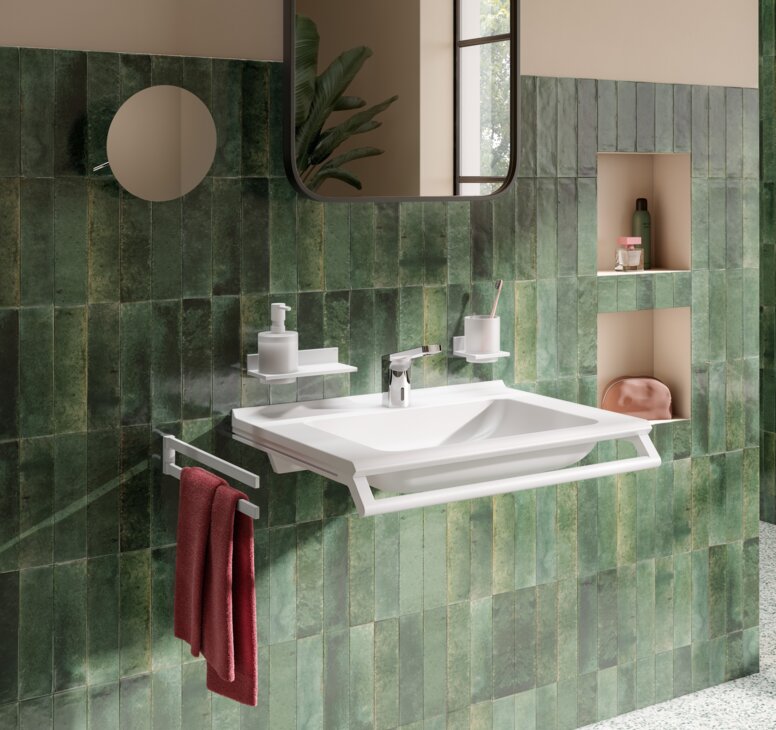 HEWI Système 900Q Plan de toilette équipé d'un porte-serviettes et d'un distributeur de savon en blanc mat