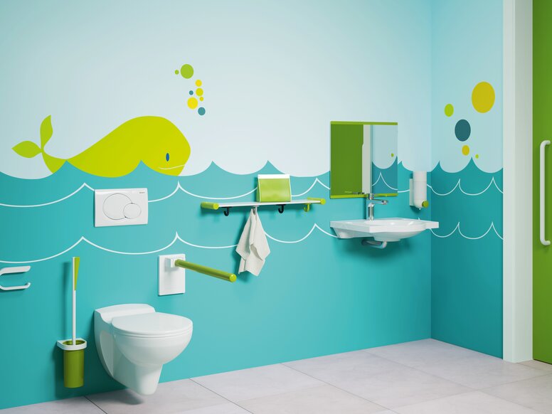 Bain sans barrière pour enfants HEWI Série 800 K vert Salle de bain accessible aux enfants avec WC et lavabo en bleu-vert