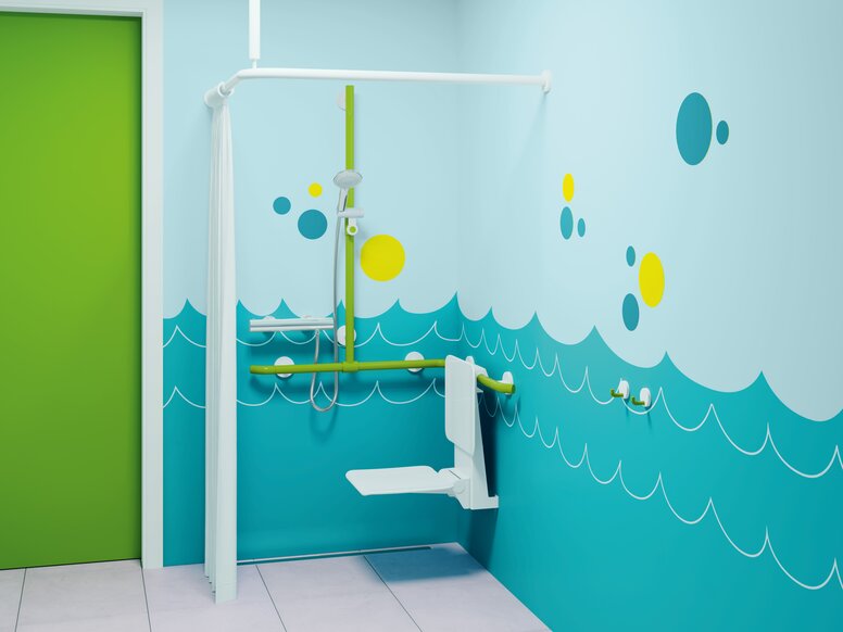 HEWI espace douche sans barrière pour enfants 800 K vert Espace douche accessible pour les enfants en bleu-vert