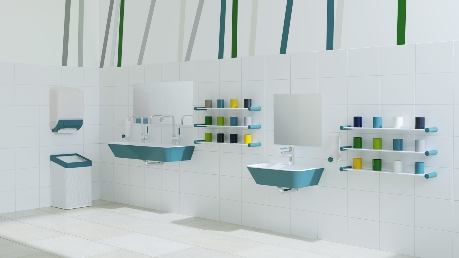 Poste de toilette HEWI adapté aux enfants Bleu Deux lavabos de hauteurs différentes à côté de barres colorées pour gobelets à dents