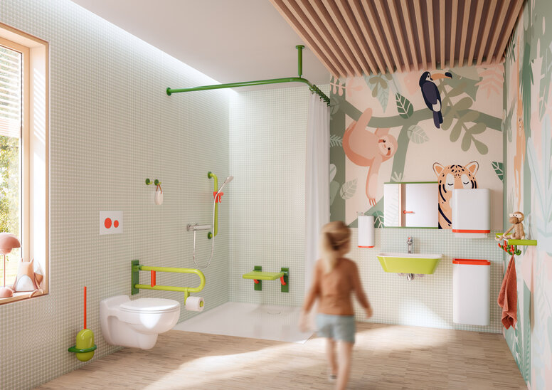 HEWI serie 477/801 ICONIC Kleurrijke en kindvriendelijke badkamer uitgerust met sanitaire accessoires in groen-, wit- en koraaltinten
