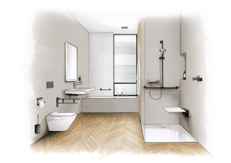 HEWI System 900 Barrierefreies Badezimmer mit bodengleicher Dusche, unterfahrbarem Waschtisch und Stützklappgriffen – KfW-Förderung Badsanierung möglich.