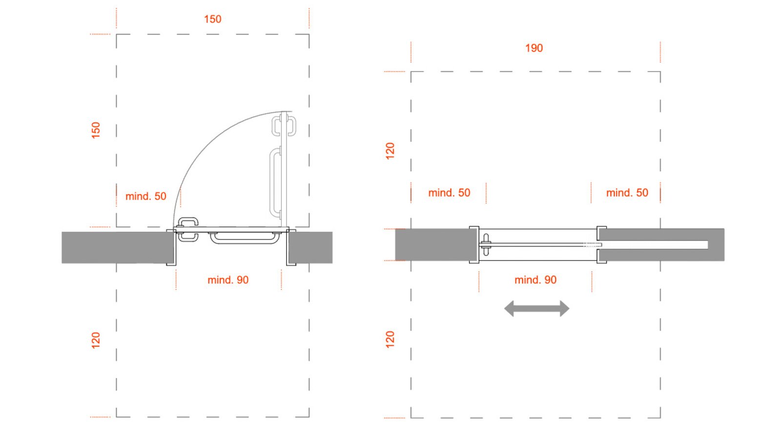 Dimensions of barrier-free doors Dimensioned drawing with requirements for barrier-free doors, hinged doors on the left and sliding doors on the right