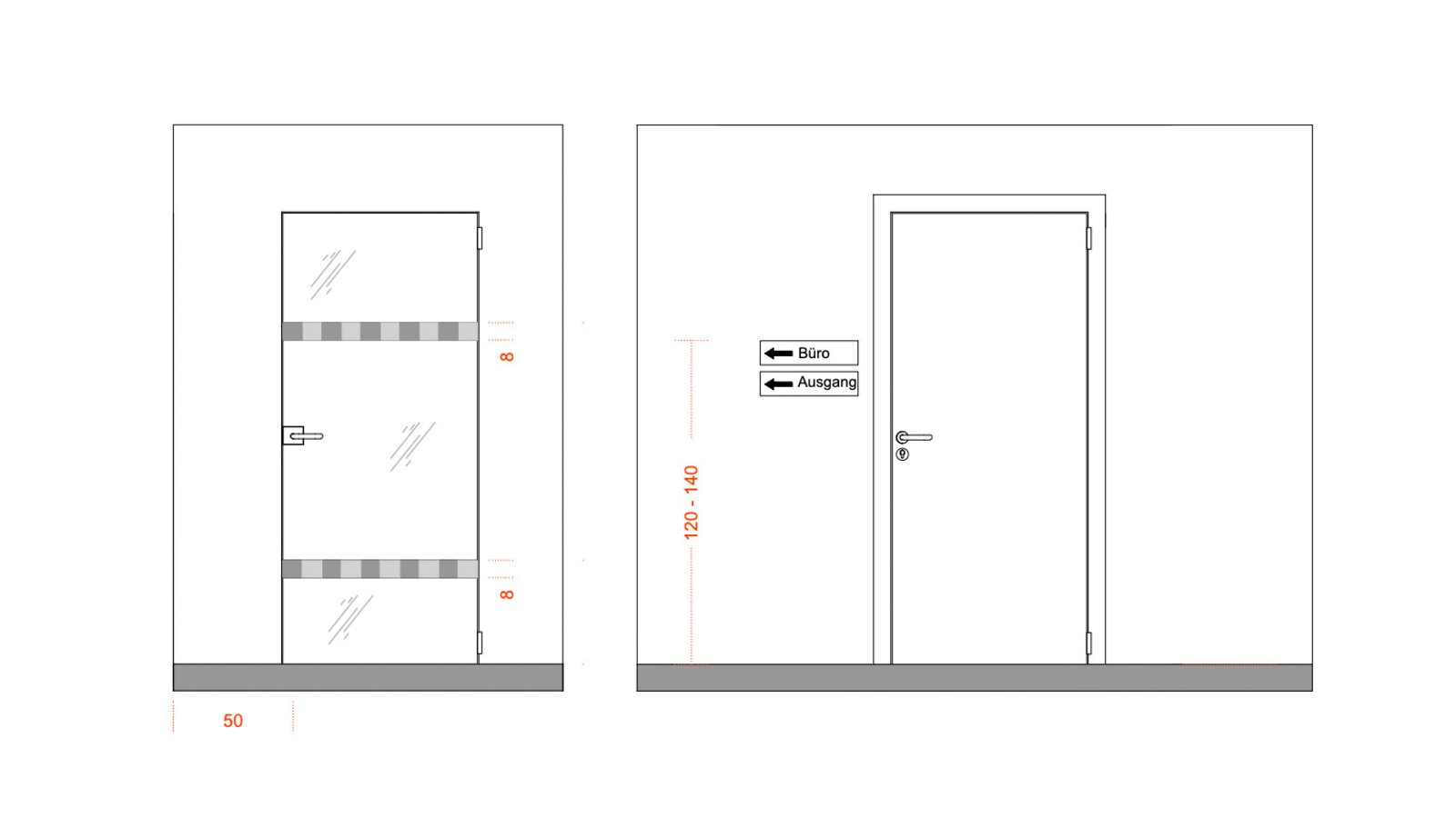 Dimensions of barrier-free signage system Drawing for barrier-free signage on the right and labelling of glass doors on the right