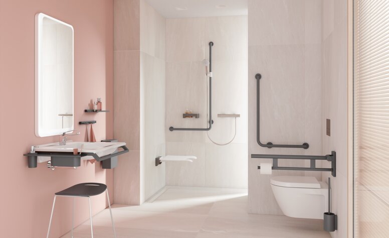 HEWI serie 900 Antraciet mat Barrièrevrije badkamer met wastafel, douche en toilet