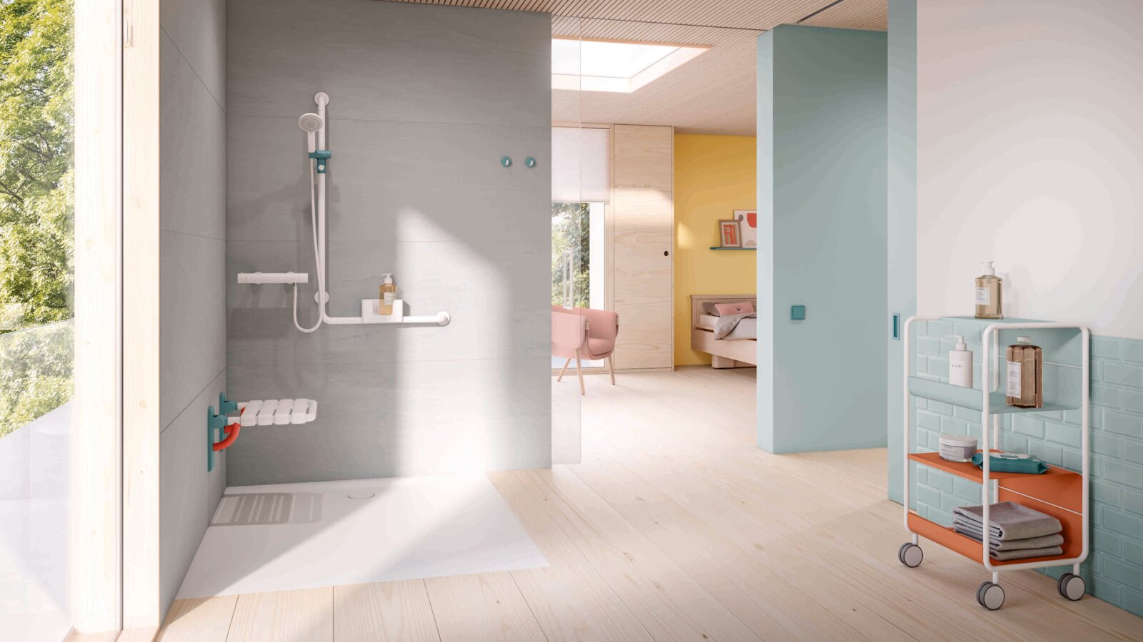 HEWI serie 477/801 ICONIC Barrièrevrije doucheruimte in een patiëntenkamer