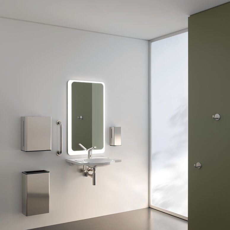 HEWI Series 805 stainless steel matt Barrier-free washbasin in public areas with grab rail, waste garbage can, soap and paper towel dispenser in matt stainless steel