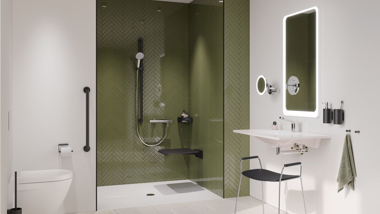 HEWI barrierefreies Bad System 900 Schwarz matt Barrierefreies Bad mit Waschplatz, Duschbereich und WC